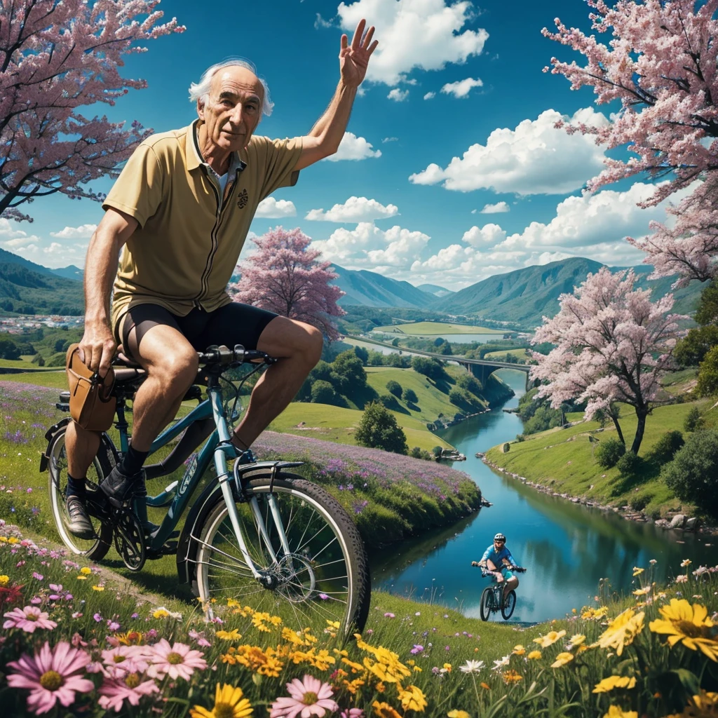 Albert Hofmann father of LSD riding a bike the landscape is psychedelic