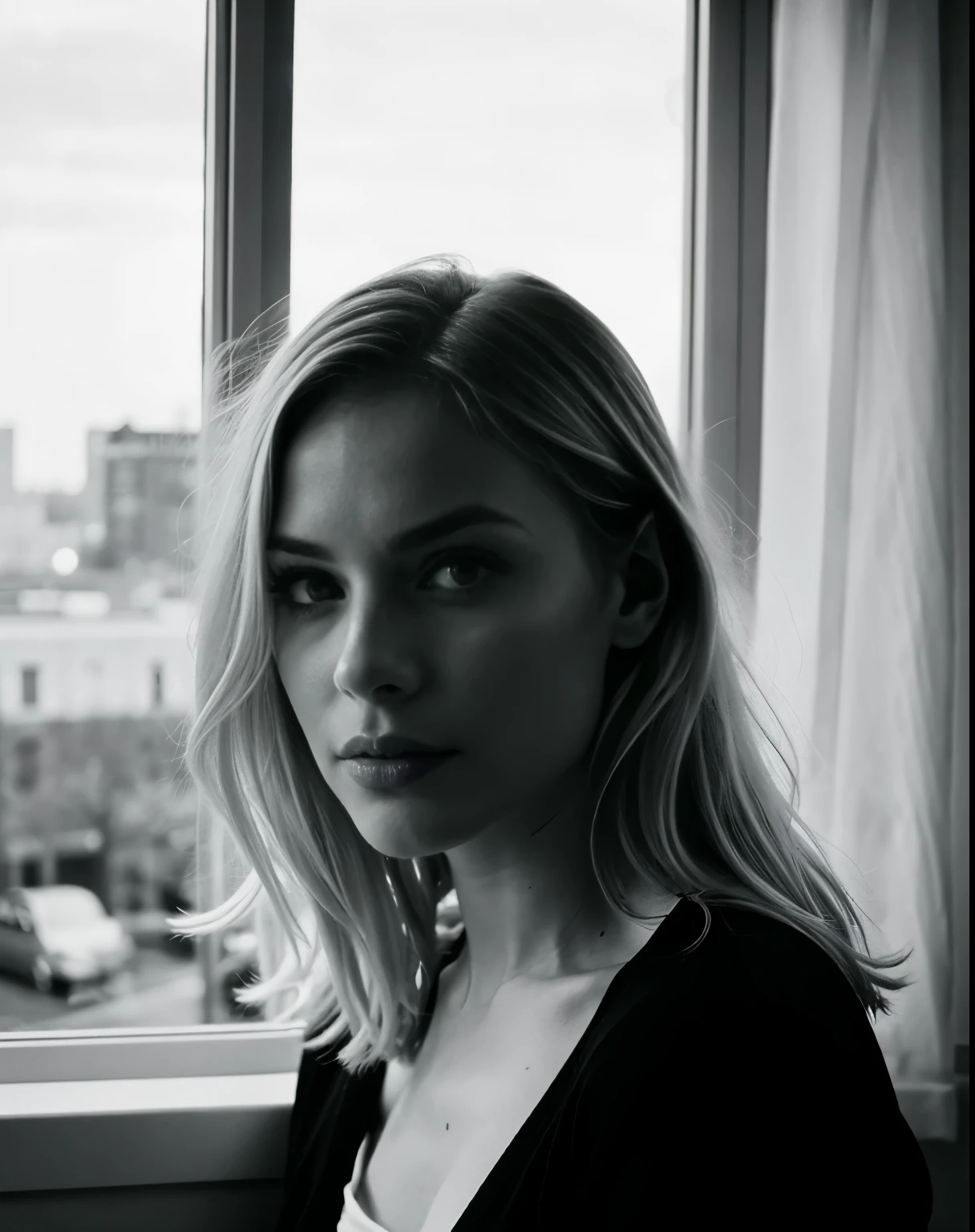 portrait of a blonde girl, black and white, film photography, ????, film grain. she is looking out a window