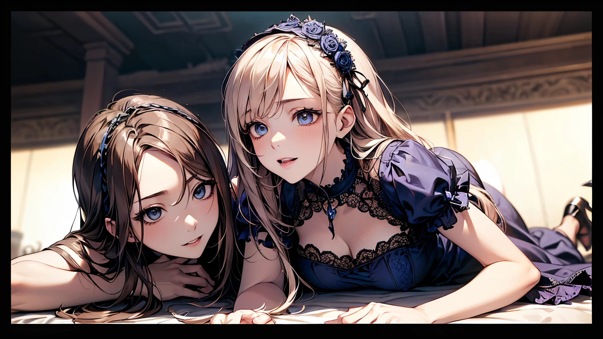 ((Biologically correct limb count))、((whole body including face))、4K、Masterpiece、((Focus on the face))、((Symmetrical, well-proportioned facial features))、Eyes with delicate depictions、(((1 person)))、Beautiful woman、Outstanding style、Slender Body、((Headband、Gothic Lolita、Blue dress、(High heels)))、(smile)、(Close-up photo of the upper body)、High angle、Look Up、Photo with white border、lie down、Prone