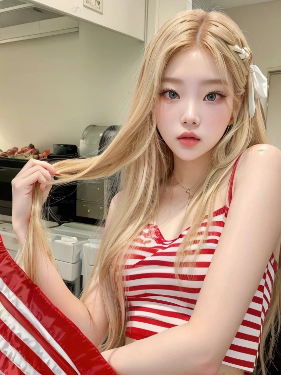 Araffe girl with long blonde hair holding a red and white American flag., roseanne park by blackpink, jossi de blackpink, korean idol, portrait of jossi de blackpink, korean girl, jaeyeon nam, heonhwa choe, Red velvet, beautiful dolphin, bbwchan, CL, shikami, lalisa manobal, with long white hair