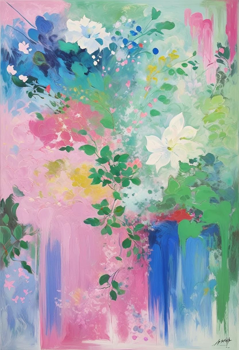 抒情abstract, pink、blue and green mist, 略显abstract, 灵感来自汉斯·Hoffman, abstract现实主义, abstract, abstract丙烯画, abstract技巧, abstract印象派, With this picture carrier,Generate an image with a certain artist(matisse、Hoffman,Cézanne,Chagall,miro)Works in five artist styles,Fusion of five artistic styles,The picture has a certain contemporary quality,Contains contrasting colors,Complementary colors,Adjacent colors,Area comparison,Chiaroscuro,A work with a strong sense of space。Fully reflects the styles and integration of the five artists,Add some details。