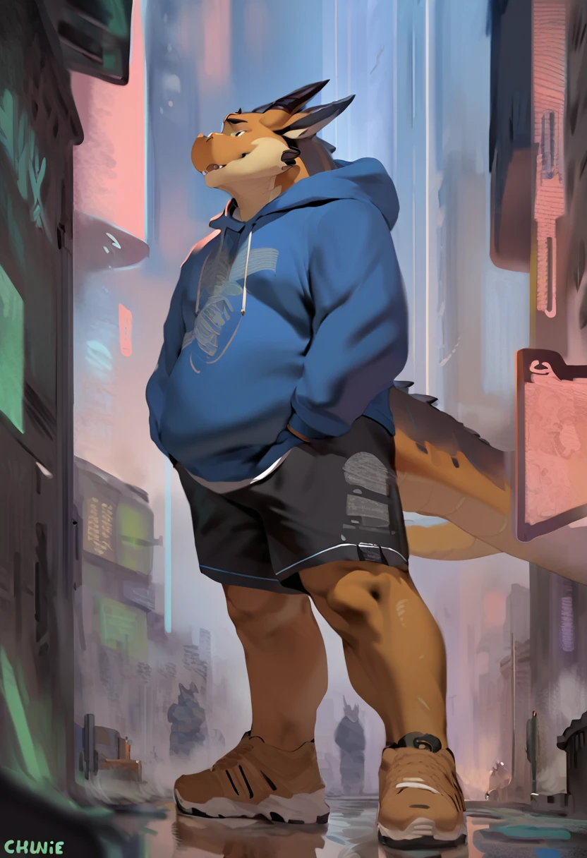 Dragon,male, adult, chubby,yaoi, doujin,wearing stylish sweatshirt, Shorts, cyberpunk big city, out view scale, pixiv artwork, by chunie, by quanjiang,
