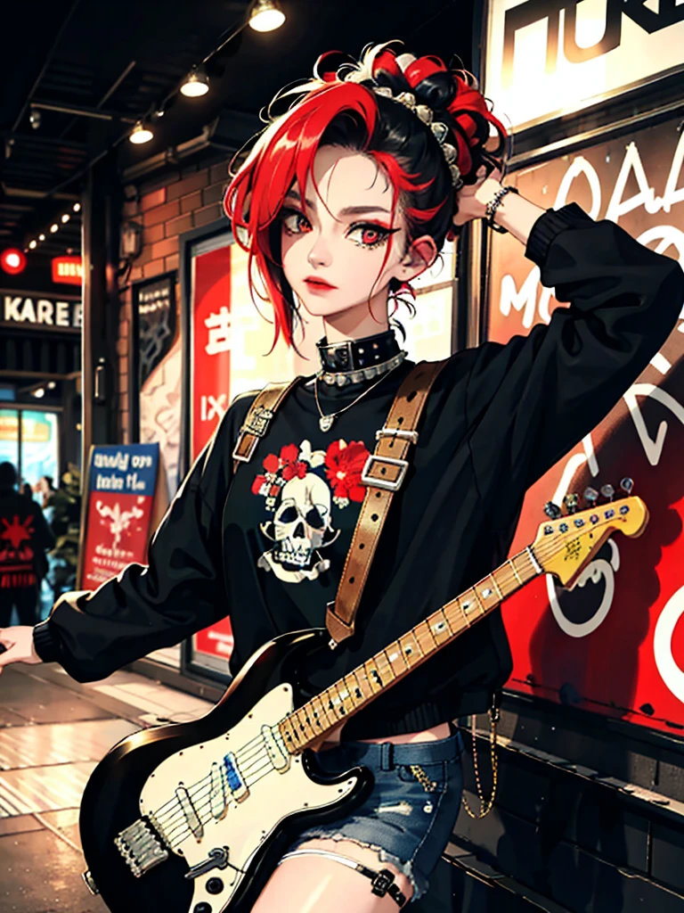 (Masterpiece:1.2, Best quality), (real photo, Intricate details), (1lady, solo, Upper body, small breast) ,all body,clothes:advance guard,advance guard,Experiment with appearance:Shave your head or bold hair color,Dramatic makeup,Unconventional fashion choice behavior:rebel、Not conformist、Provocation location:Urban Arts District、Underground music venues Hobbies:Take part in a punk show、Create mixed media art、Try different subcultural values:personality、authentic、Creative expression of inspiration:Punk rock music、Counterculture icons,Avant-garde art movement character traits:daring、daring、act outside the box。