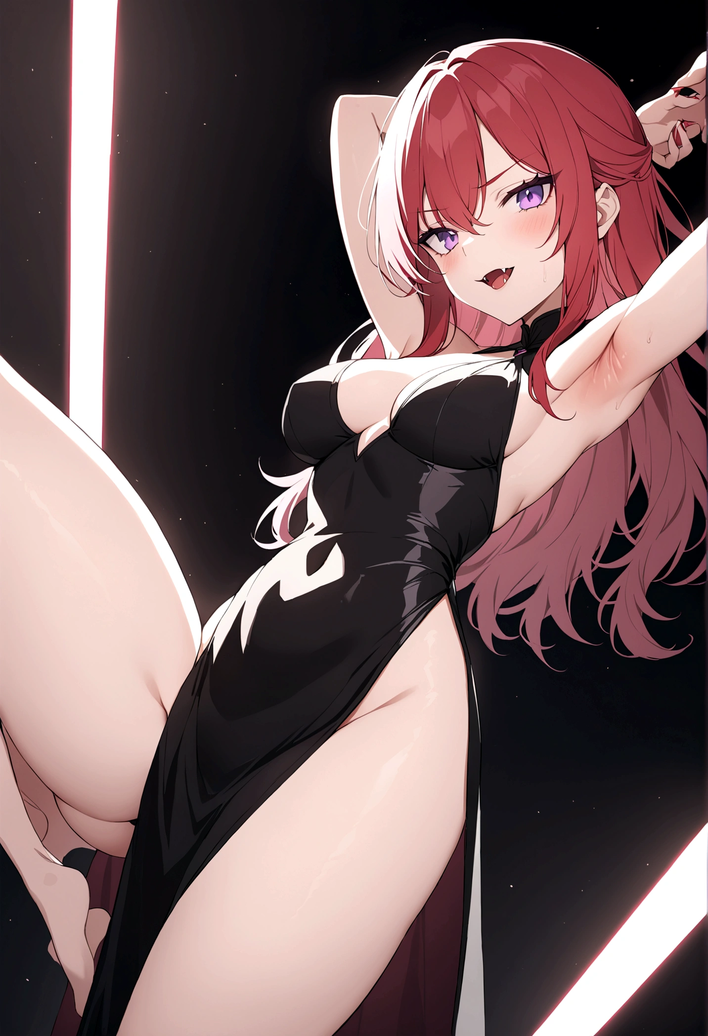 Armpits spread, detailed, red hair, purple eyes, dominant, fangs, black dress, thigh slit, dark background, high thigh slit dress