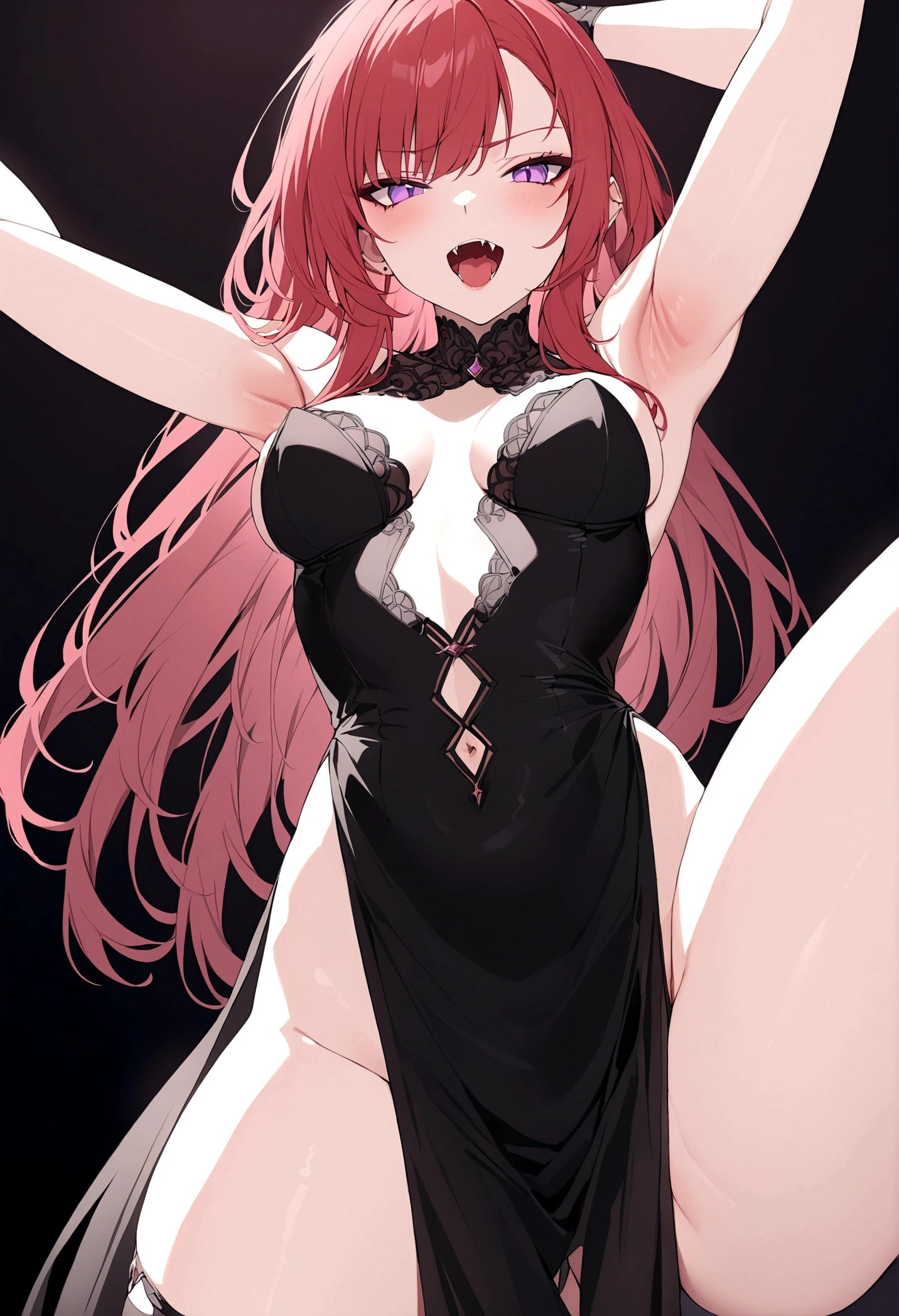 Armpits spread, detailed, red hair, purple eyes, dominant, fangs, black dress, thigh slit, dark background, high thigh slit dress