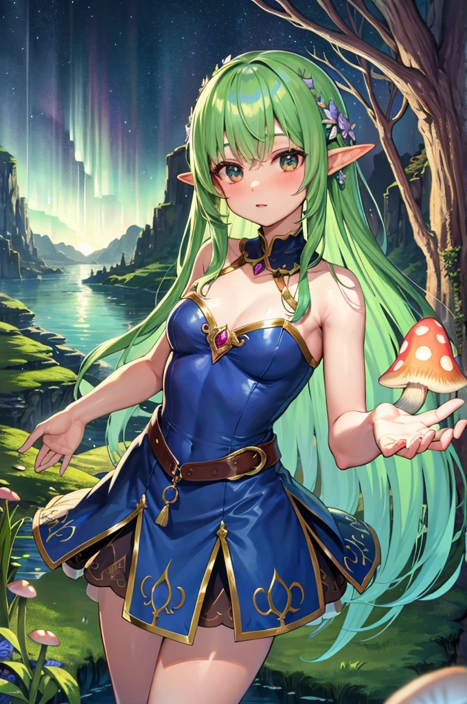 ((best quality)), ((masterpiece)), (familiar), fantasy、Dungeons、Underground Lake、Elven Village、mushroom、aurora、Fairy