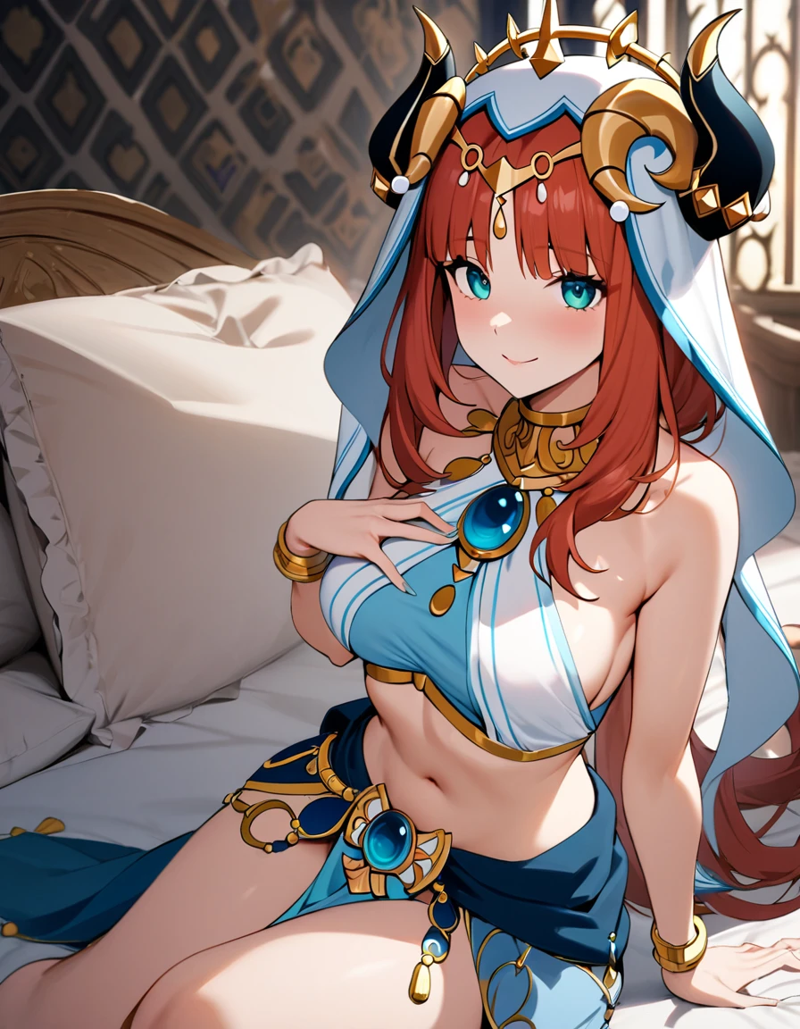 (masterpiece), best quality, expressive eyes, perfect face,Mature female,1 girl (nilou,Genshin impact),(harem outfit,exposed midriff,topless),royal bedroom background,medium breasts,smile,topless,nipple,slim figure,