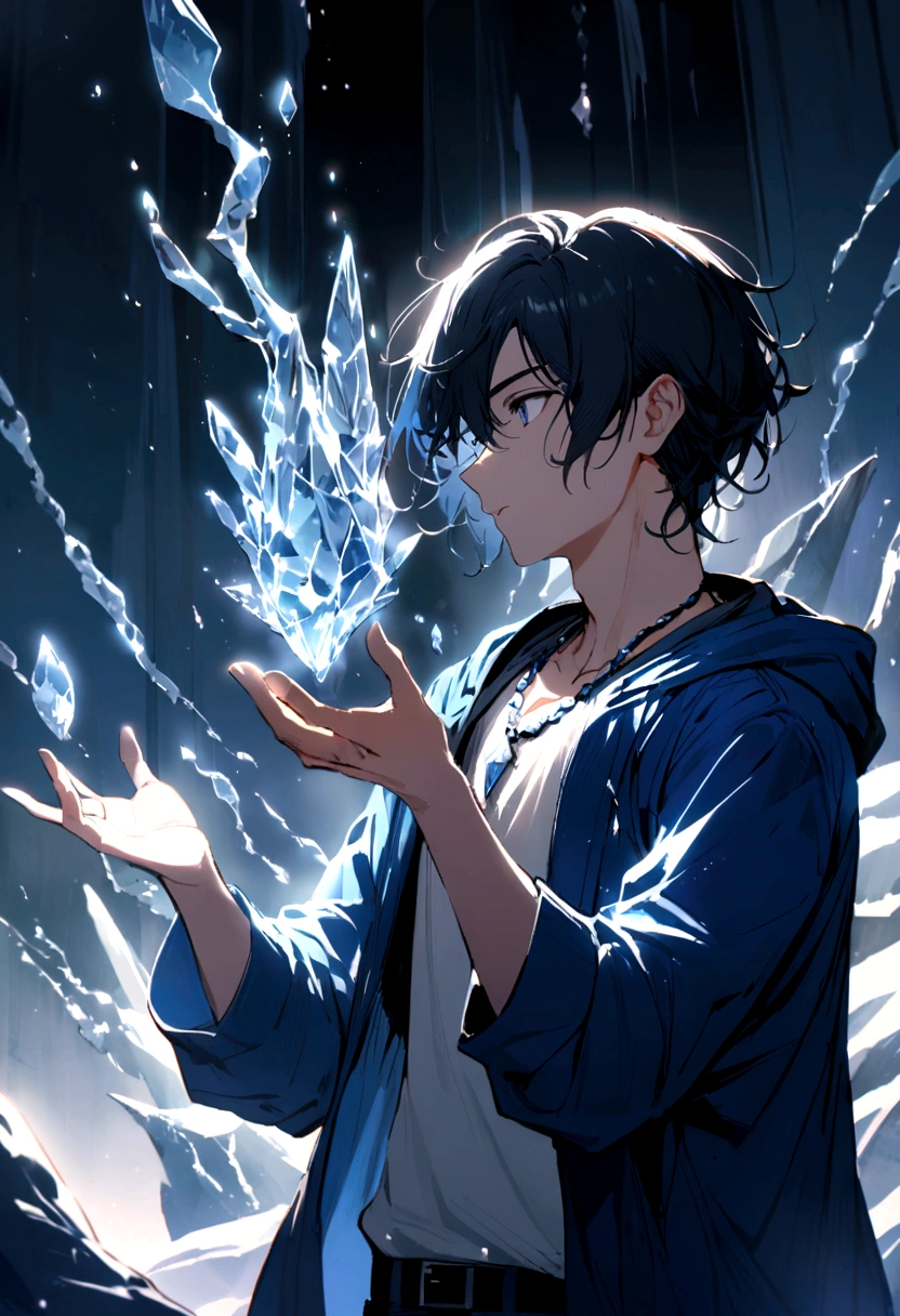 Boy with medium long black hair wearing a blue jacket and black thing underneath with a quartz necklace, releasing ice and icy vapor around his body