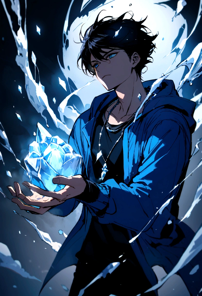Boy with medium long black hair wearing a blue jacket and black thing underneath with a quartz necklace, releasing ice and icy vapor around his body