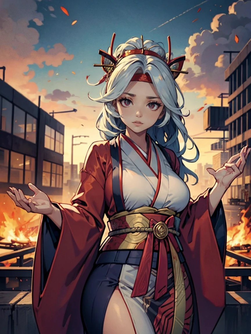 Red and long hair、Wearing a kimono and showing her breasts、He has horns growing out of his head.、The background is a burning city、One hand is deformed、Beautiful woman、Reaching for this
