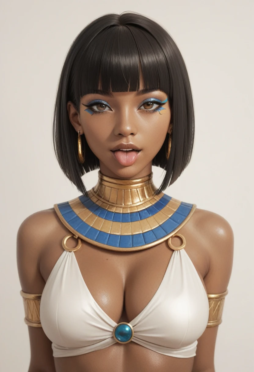 score_9, score_8_up, score_7_up, score_6_up, 1girl, solo, jewelry, rating: safe, brown_eyes, black_hair, lips, makeup, armlet, breasts, egyptian, egyptian_clothes, dark_skin, nose, earrings, gold, lipstick, cleavage, realistic, looking_at_viewer, medium_breasts, open_mouth, piercing, gyaru, tongue, blunt_bangs, bangs, bob_cut
