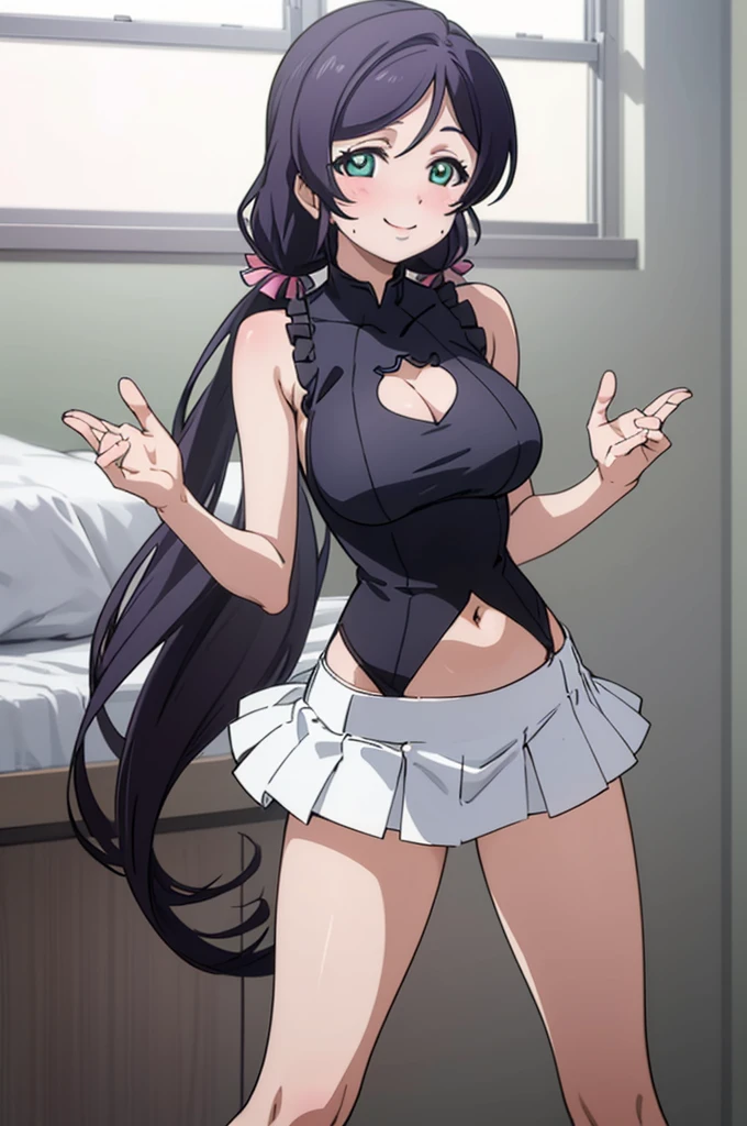 (masterpiece, best quality), 1girl,    nozomi toujou,huge breasts,devil costume,my room,sweating,sleeveless,navel,miniskirt,looking viewer,smile,cleavage cutout