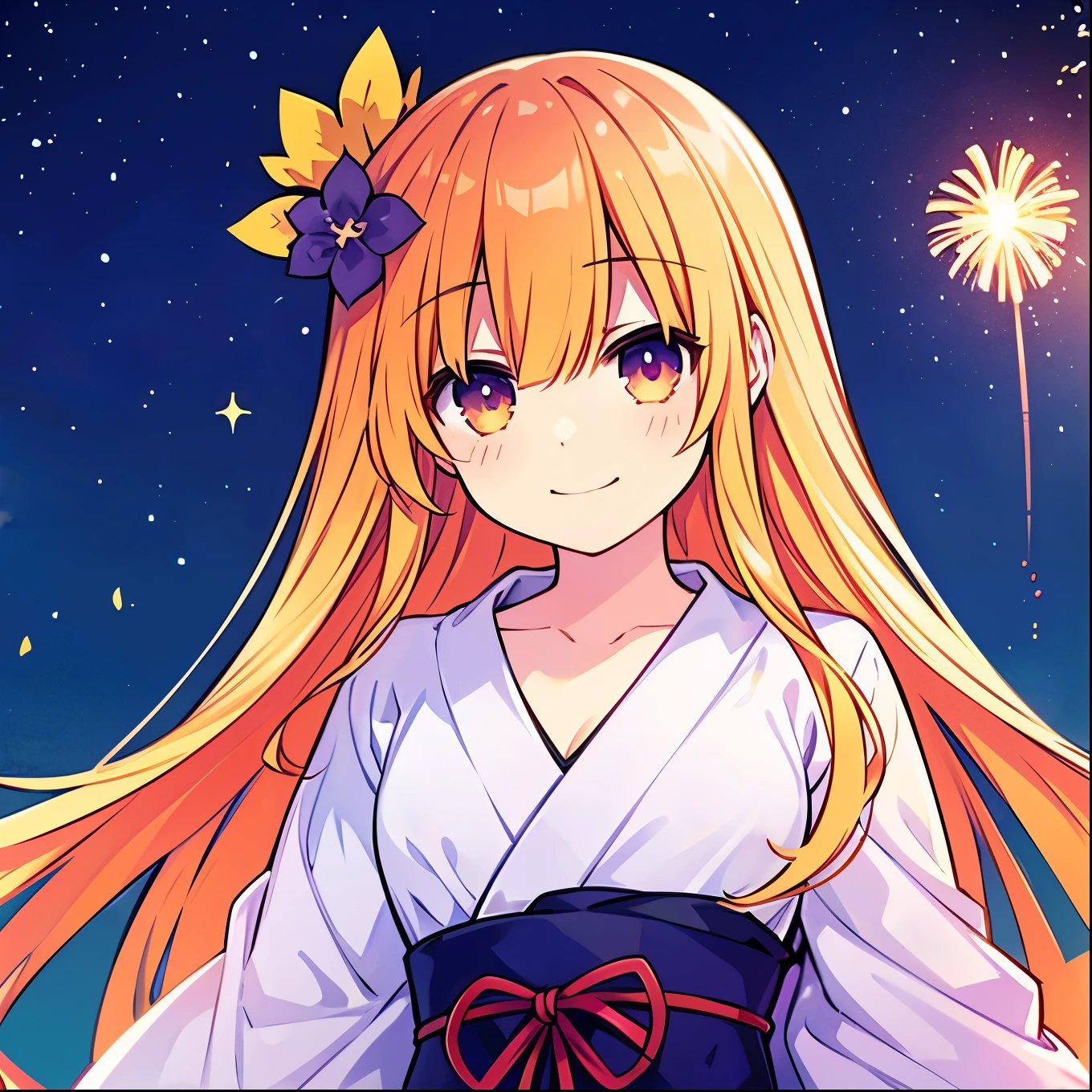 One personの少女、One person、Orange Hair、Long Hair、dumpling、peach、Purple flower hair ornament、yukata、美しいpeach紫色のyukata、Summer festival、Night Sky、Night Skyに架かる大きな花火、beautiful Fireworks、Night Skyに浮かぶ花火，Fireworks、Girl watching fireworks、Admired、smile、Highest quality、masterpiece、Perfect Face、Cute face