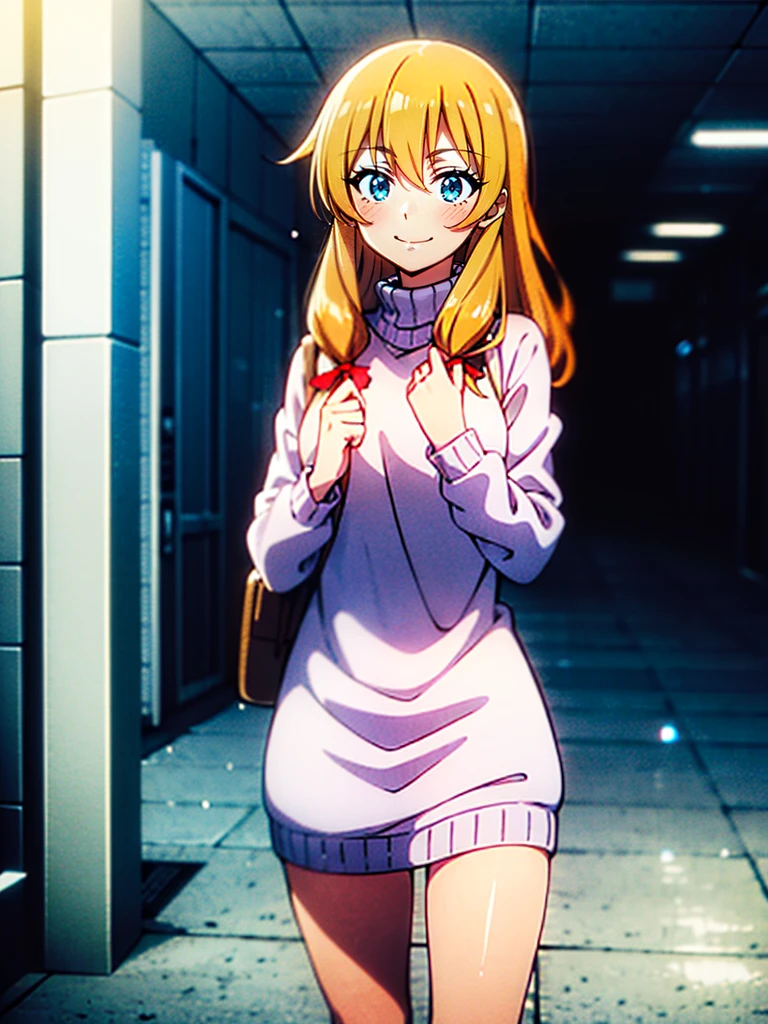 Anime screencap, anime style, anime scene, A girl with long blonde hair and blue eyes is giving the viewer a gentle smile. She is wearing a white sweater, and the background is a beautiful city street.