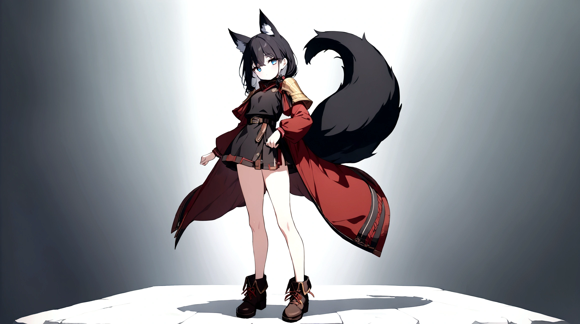 (1girl, Masterpiece, best quality) (detailed and beautiful eyes:1.6) (perfect hands, perfect anatomy, full body) A young adult female character with short, black hair styled in a slightly tousled manner. She has calm, focused amber eyes and distinctive fox-like ears, black with white inner fur. She also has a bushy black fox tail. She wears a black high-collar top with long, flowing sleeves, over which she dons a black cloak adorned with black accents and shoulder armor. she has belt buckle along with gold and leather straps. showcasing her strength and readiness for battle. The lighting is soft and natural, with gentle shadows enhancing the overall design.