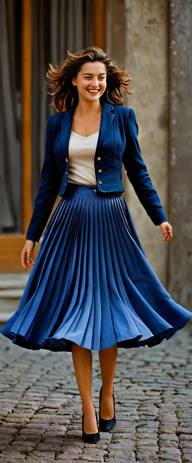 A smiling, authentic, (shy:1,3), kind, beautiful woman, is passionately in love with her skirt, wind wildly flowing her skirt, wearing short blazer and (long (fully pleated) full circle skirt) and (low heeled court shoes), very, very intricate hyper-detailed symmetric (attractive graceful young feminine face) with (sad, tired eyes and a loving smile), very voluptuous breasts, full of empathy and compassion and love, (pronounced (feminine) features), (highly detailed ultra accurate realistic) hands and fingers, (windy), epic composition, highly detailed attributes, (35mm f1.4 Kodak portra 400 photograph), extremely high quality RAW photograph, highly detailed atmosphere, sci-fi, cinematic shot, dynamic lighting, 75mm, Technicolor, Panavision, cinemascope, sharp focus, fine details, 8k, HDR, realism, realistic, key visual, film still, superb cinematic color grading, depth of field
