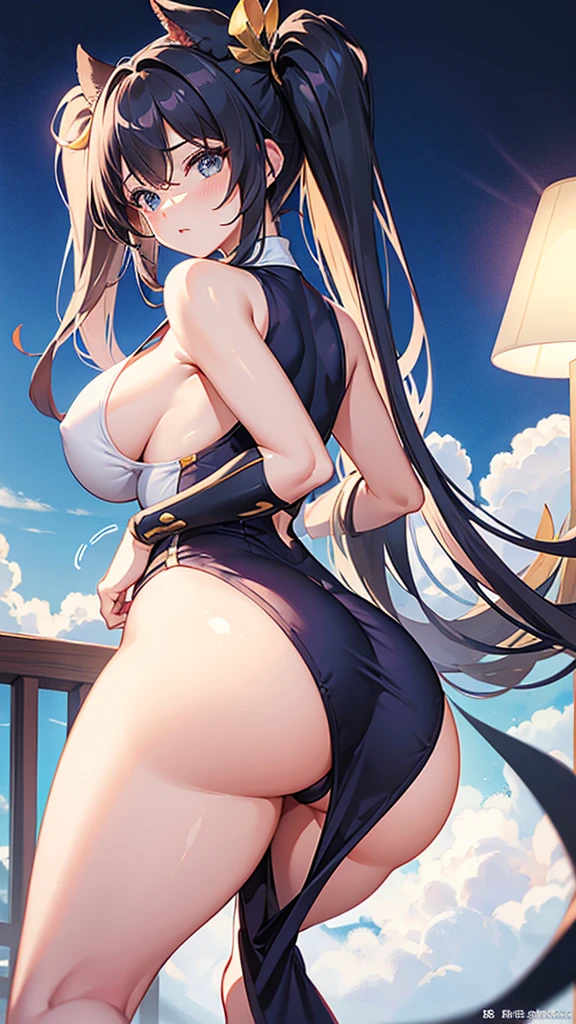 Cute  but busty girl bending over looking cute　The bust is very large and heavy, but the waist is very thin。　cute　Thick thighs but thin legs。The butt is firm and large。　She is facing sideways and her chest is so large that it is visible even from behind.。She was wearing only a towel around her body, and it was a little rolled up near breasts
