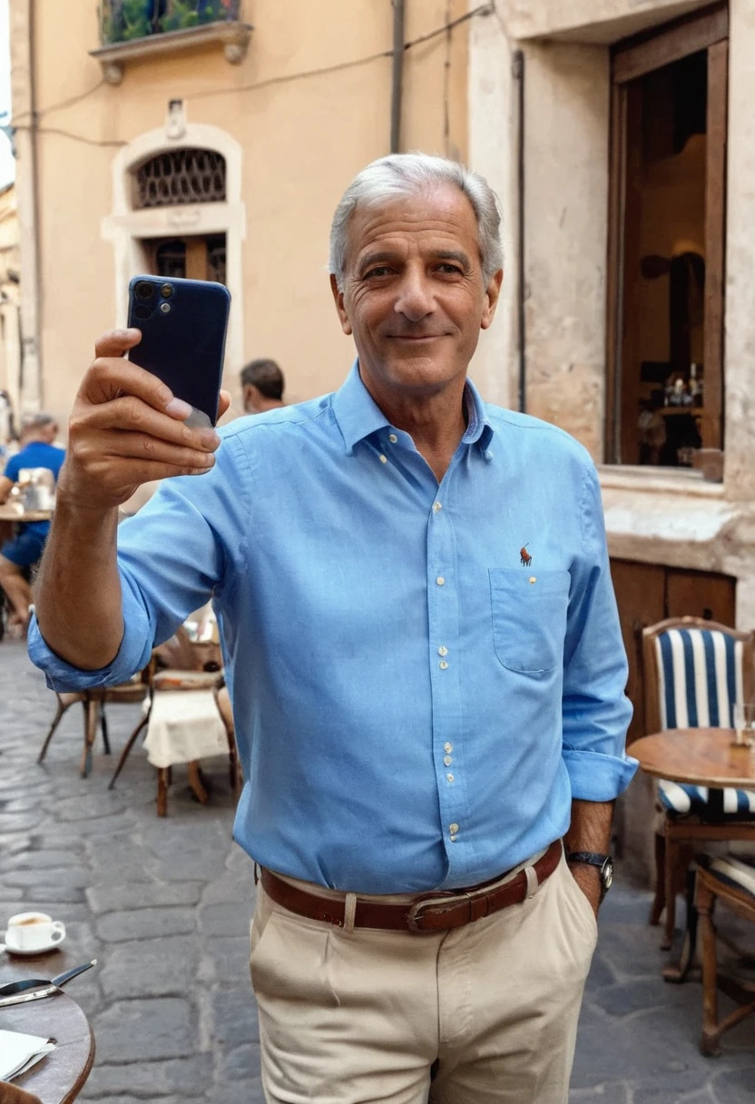 ((65 years old)) a bit ugly Italian engineer, gray short hair, medium build, Mediterranean body and skin tone, blue ralph lauren shirt, business casual Italian style, having an expresso in a typical Rome bar, mobile phone selfie, summertime, sunny day with puffy white small clouds in the sky, serene happy atmosphere, perfect photo portrait, bokeh, 8k detailed, ((hyper realistic establishing shot)), intricate details