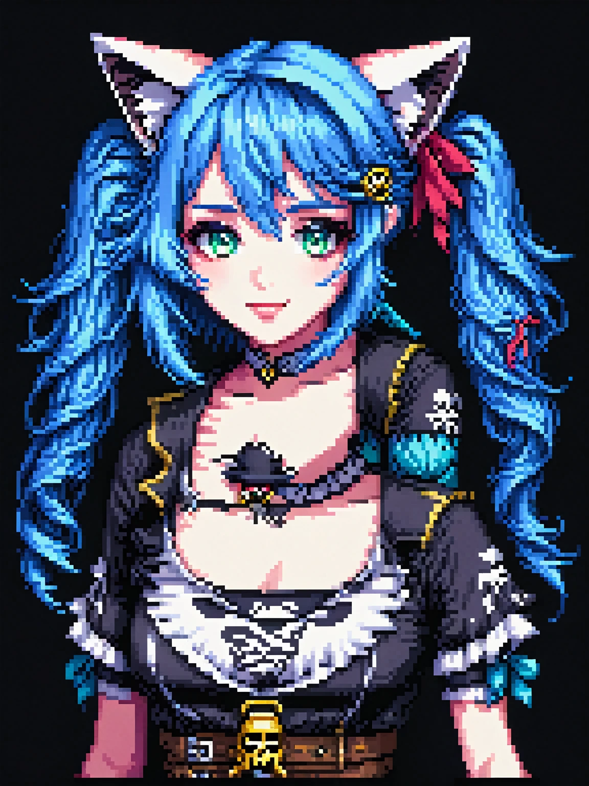 yamer_pixel_fusion, pixel art, best quality, (girl), beautiful detailed eyes, looking at viewer, upper body, blue hair, shy, cat ears, very detailed, high resolution, sharp, sharp image,  bit game style, shirt, houshou marine, solo, heterochromia, pirate hat, twin tails, black background, seductive smile, 