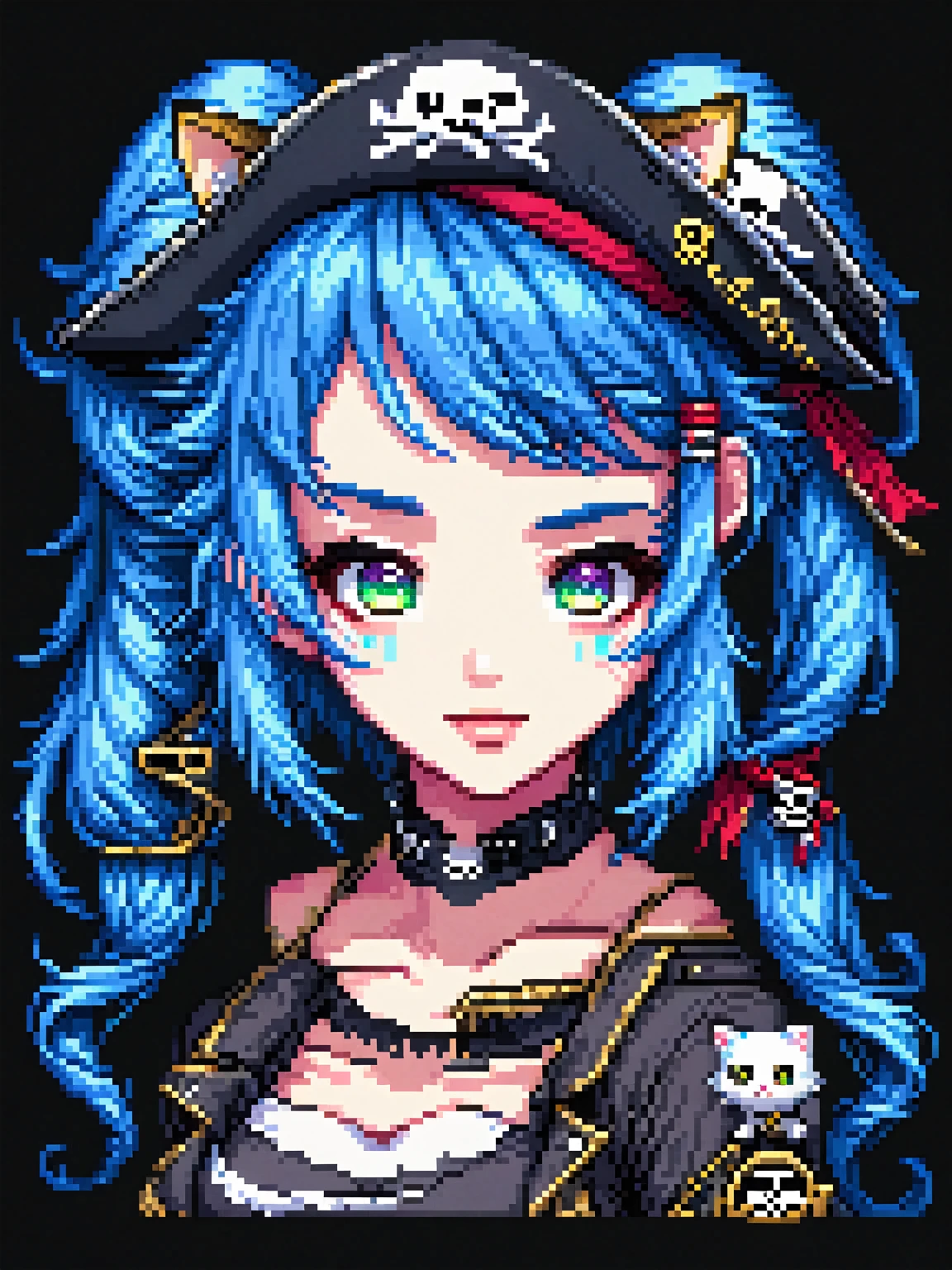 yamer_pixel_fusion, pixel art, best quality, (girl), beautiful detailed eyes, looking at viewer, upper body, blue hair, shy, cat ears, very detailed, high resolution, sharp, sharp image,  bit game style, shirt, houshou marine, solo, heterochromia, pirate hat, twin tails, black background, seductive smile, 