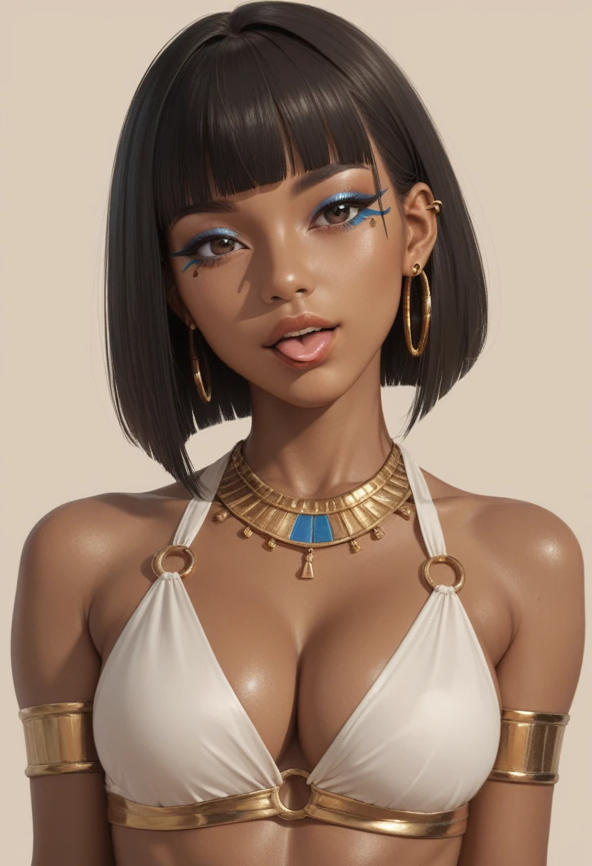 score_9, score_8_up, score_7_up, score_6_up, 1girl, solo, jewelry, rating: safe, brown_eyes, black_hair, lips, makeup, armlet, breasts, egyptian, egyptian_clothes, dark_skin, nose, earrings, gold, lipstick, cleavage, realistic, looking_at_viewer, medium_breasts, open_mouth, piercing, gyaru, tongue, blunt_bangs, bangs, bob_cut