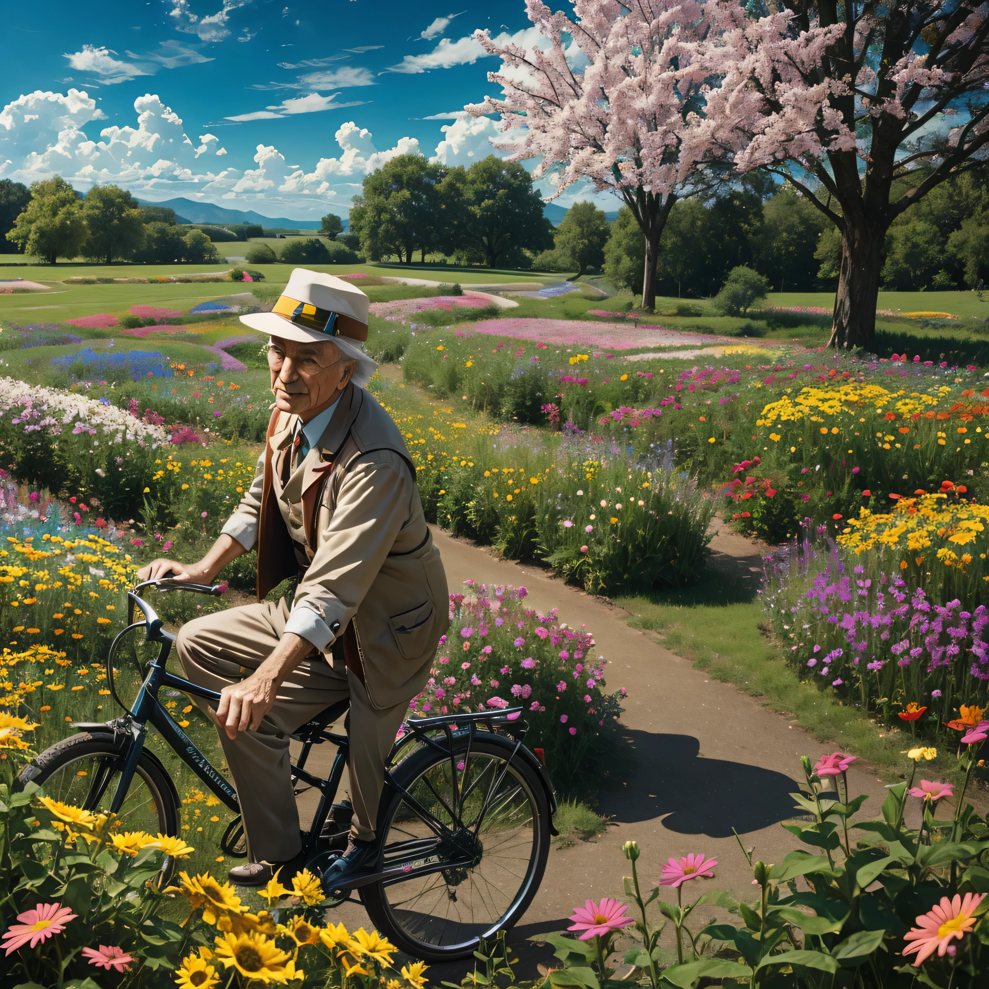 Albert Hofmann father of LSD riding a bike the landscape is psychedelic