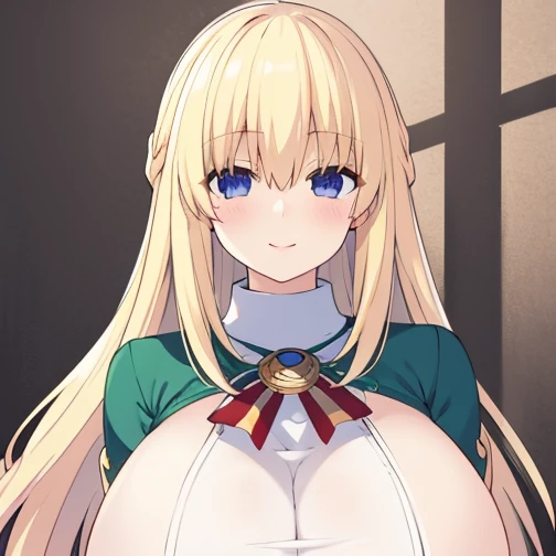 8k, 4k, intricate details, cinematic lighting, stunning environment, ornate, (realistic:1.1), detailed face, detailed eyes, detailed shadows, 1girl, curvy, blonde hair, blue eyes, blush, , huge breastshair, looking at viewer, white pantyhose, gred white dress, smile, solo, (vert_/neptune series/:1.1), very long hair, white gloves, white pantyhose,