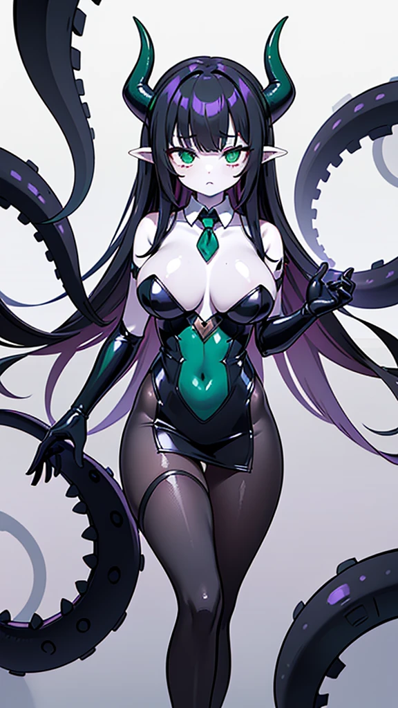 (The greatest of all time)、((16K:1.5))、((Acme))、(PNG)、3d、Semi-realistic、solo、((Simple solid color background))、Whole body expression、((A beautiful woman))、(Ultra-delicate and exquisite texture)、sensational、((The ultimate perfect glamorous body))、Glossy, exquisite skin、Expression of delight、(A lewd open-legged pose that will captivate and captivate everyone:1.1)、((emerald green eyes:1.3)、(Black Hair)、(Purple silver inner hair color)、(Tentacle hair)、long hair、(Extra mechanical octopus eye-shaped biological parts added to the head:1.3)、Slightly droopy eyes)、Aphrodisiac brainwashing rate: 100%、Parasitic compatibility coefficient infinite、(The parasitic sexual predator mimic octopus, a parasitic organism and a viscous-bound lifeform, attaches itself to a female host, completely invades the womb, parasitizes and assimilates, and evolves into the ultimate female lifeform with big breasts and a glamorous figure.:1.2)、Parasitic control gem nuclei are created on the back, lower back, and navel.、(The parasitic symbiote transforms into a costume)、(The wearable parasitic armored dragon octopus, a collective lifeform of nanomachines, covers and parasitizes the ultimate lifeform, completely transforming into an armored reinforced exoskeleton that covers the body.:1.3)、 (The parasitic creature, the Lust Bug, invades the womb of the ultimate lifeform, eroding it, brainwashing it into becoming lustful and evil.)、Uterus tattoo、(Sharp clawed limbs)、Long tail、(Pale skin:1.6)、(Sleeveless tailcoat:1.5)、(Elbow Gloves)、(Sexy high leg leotard with black rubber neckband:1.5)、(Pencil skirt with slit:1.5)、(Tentacle Pelvic Curtain)、(stockings)、(Armor-type reinforced exoskeleton coverage rate 40%)、(Costume transformation rate: 230%)、taboo、