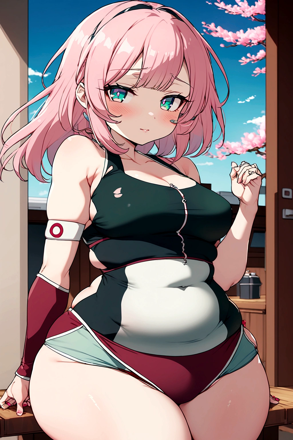 Shy girl with a chubby, robust body, generous small breasts, wide hips, thick legs and thick thighs, a delicate face and beautiful mint-colored eyes, short hair, straight pink hair,