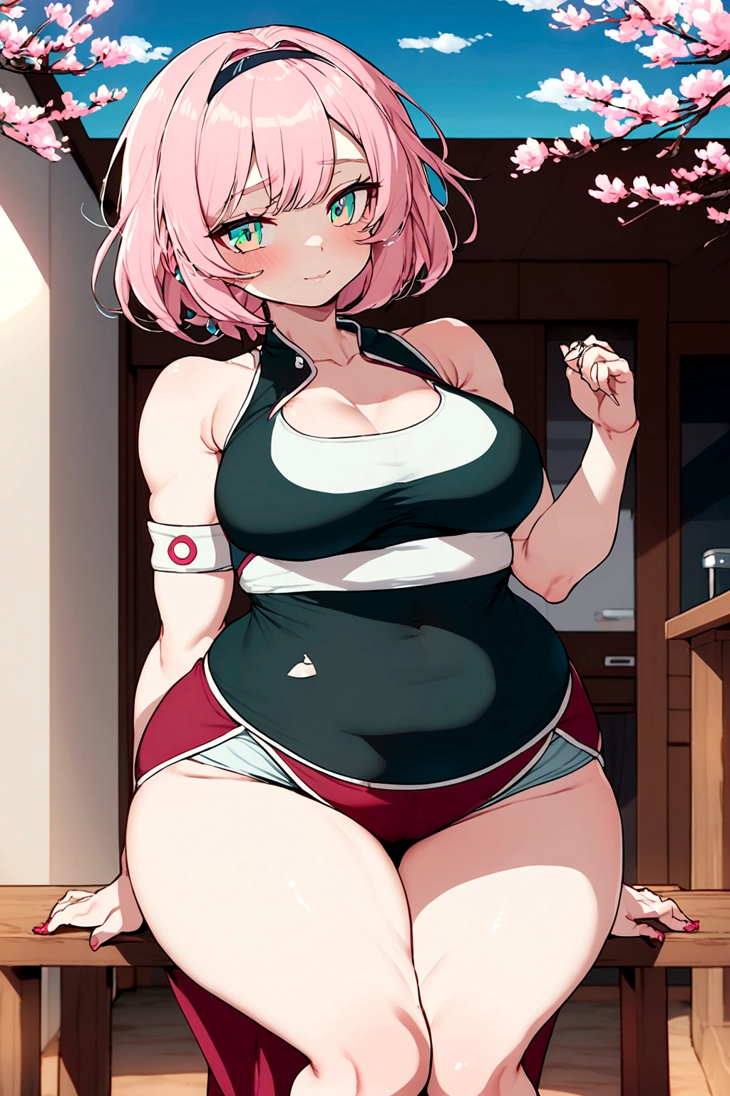 Shy girl with a chubby, robust body, generous small breasts, wide hips, thick legs and thick thighs, a delicate face and beautiful mint-colored eyes, short hair, straight pink hair,