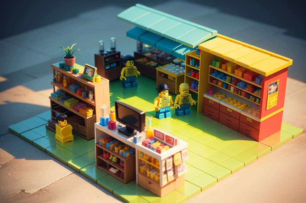 isometric toystore aligned right, vibrant lime green, blue, yellow and lively lego characters. 3d pixar style