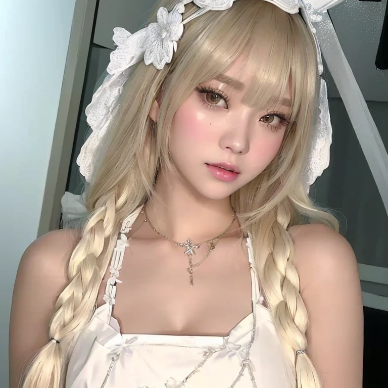 Blond-haired girl with a white headband and a white dress., lalisa manobal, shikami, with long white hair, Sakimichan, long white hair and bangs, japanese gyaru portrait, Lalisa Manoban of Blackpink, with long white hair, with long blonde hair, skydoll knife, ulzzang, the hime cut