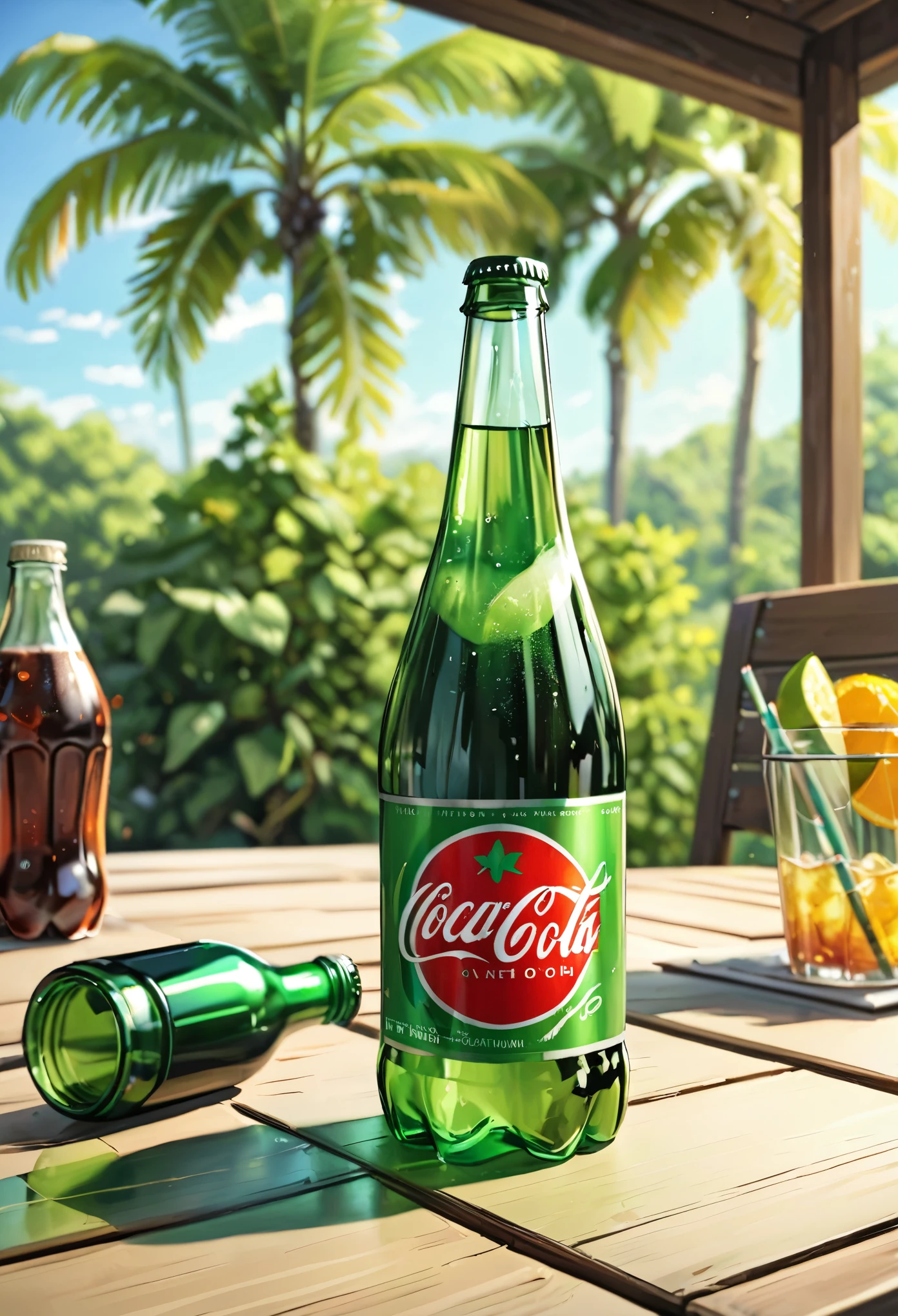 Realistic, a green glass bottle of soda, on the table, summer noon,