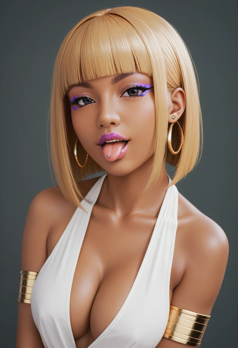 score_9, score_8_up, score_7_up, score_6_up, 1girl, solo, jewelry, rating: safe, brown_eyes, black_hair, lips, makeup, armlet, breasts, egyptian, egyptian_clothes, dark_skin, nose, earrings, gold, lipstick, cleavage, realistic, looking_at_viewer, medium_breasts, open_mouth, piercing, gyaru, tongue, blunt_bangs, bangs, bob_cut
