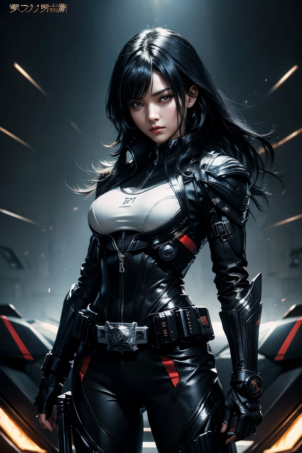 One beautiful woman。Black Hair。25 years old。She has a defiant look on her face。She wears a black metallic combat suit。There is something around his waist that resembles a Kamen Rider transformation belt.。She's in a spaceship.。She is seated in a luxurious brown leather command seat.。