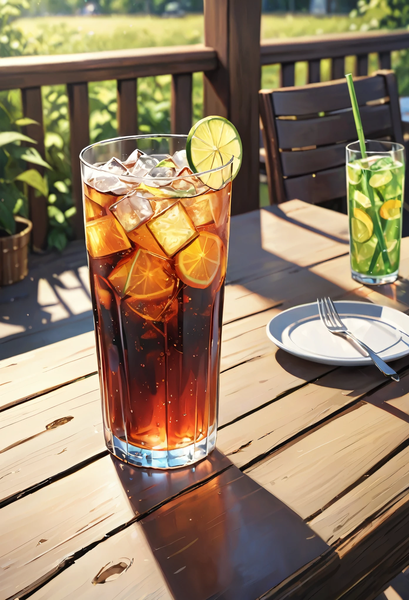 Realistic, a glass of soda, on the table, summer noon,