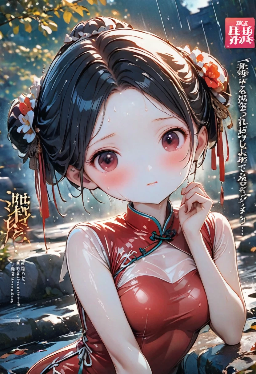 Magazine cover(masterpiece, best quality:1.2),woman,shy(((The eyes are delicate)))Wet body((Red cheongsam)),rain(8K)(HD)