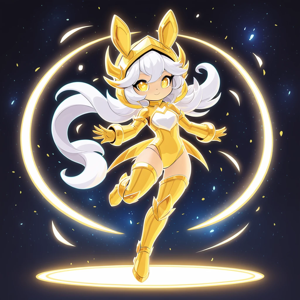 Aegis in a full body golden metallic bunny costume with silver lines and a horned helm and she's glowing with cosmic white and white-yellow energy floating in space in space anime art style