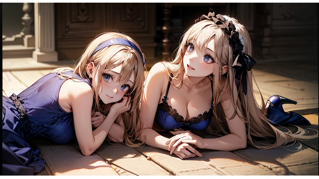 ((Biologically correct limb count))、((whole body including face))、4K、Masterpiece、((Focus on the face))、((Symmetrical, well-proportioned facial features))、Eyes with delicate depictions、(((1 person)))、Beautiful woman、Outstanding style、Slender Body、((Headband、Gothic ta、Blue dress、(High heels)))、(smile）、(Close-up photo of the upper body）、High angle、Look Up、Photo with white border、lie down、Prone