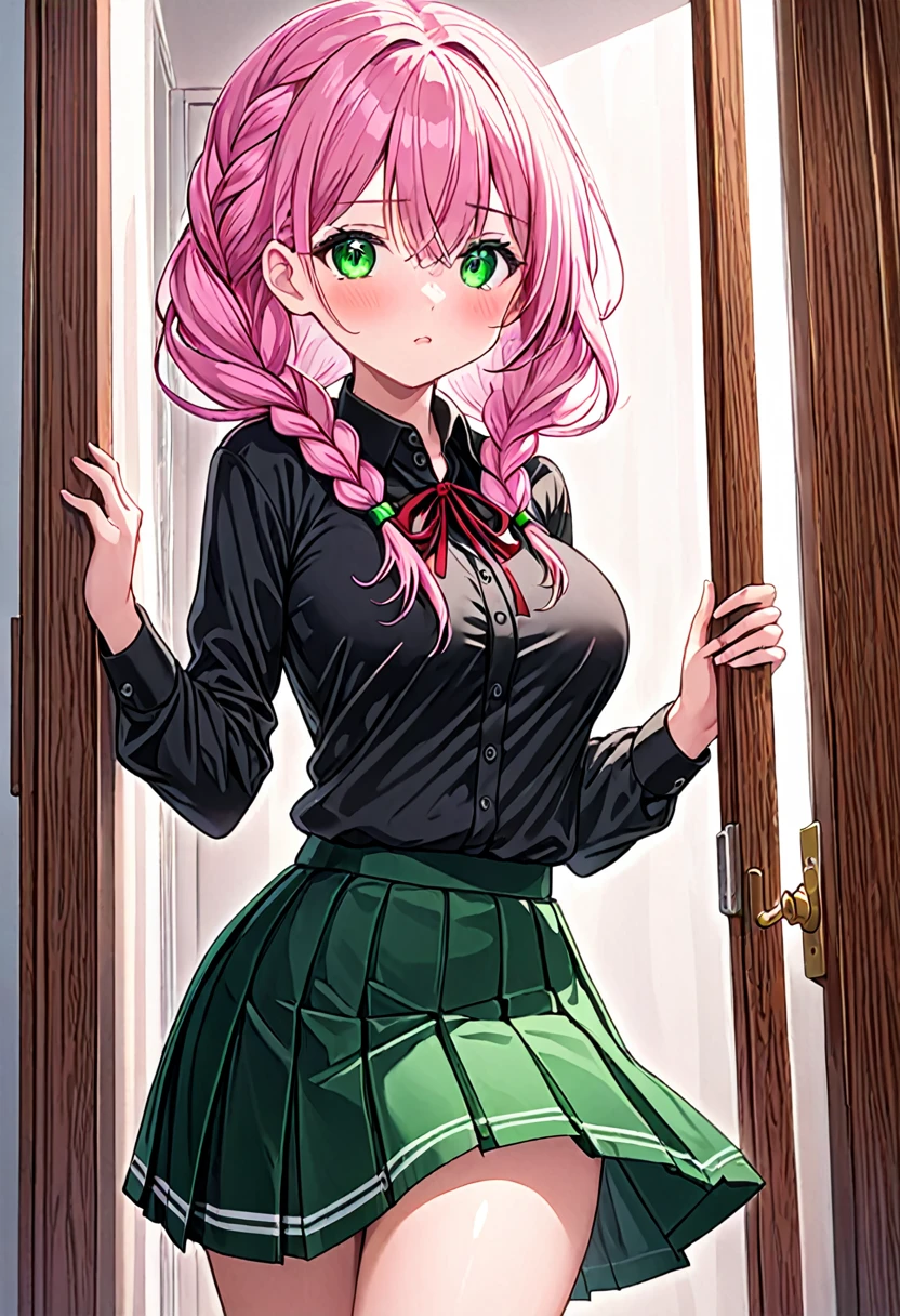 The image is of a beautiful woman wearing a tight fitting black button-up shirt with a short pleated black and white skirt. The school outfit is black with white accents. The woman has long flowing pink hair with strands of braided hair tied with red ribbon throughout. She has gorgeous green eyes that shine like emeralds. Her face is youthful and gorgeous. Her breasts are ample and seem too large for her tight fitting black uniform top. She is short in height but well developed -a short stack. She blushes as you look at her. She's standing in the doorframe to your bedroom. Slightly embarrassed and nervous but also excited to be with you. The image is ultra detailed with gorgeous colors, perfect line work, and detailed shading.