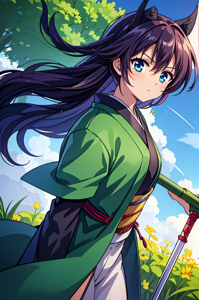 quality, masterpiece, High resolution, alone, （Rurouni Kenshin: Saito Hajime），（Glaring Eyes），roar，（spear) ，（Spear Thrust），Holding a spear，kimono，（Spear pose），（Jinhaori），Evening sky_background，Young Girl，Anime Style, 最高quality, 4K, masterpiece,， alone, 1,whole body，looking at the camera, Shinkai Makoto style, （green_coat）Sharp Eyes，Low posture，（(spear‗pose)) ，（Full Finger）, （Accurate fingertips）, （The finer details）, （Anatomically correct）, (映画のbackground), Hyper Detail, (Subtle details), (Intricate details),
