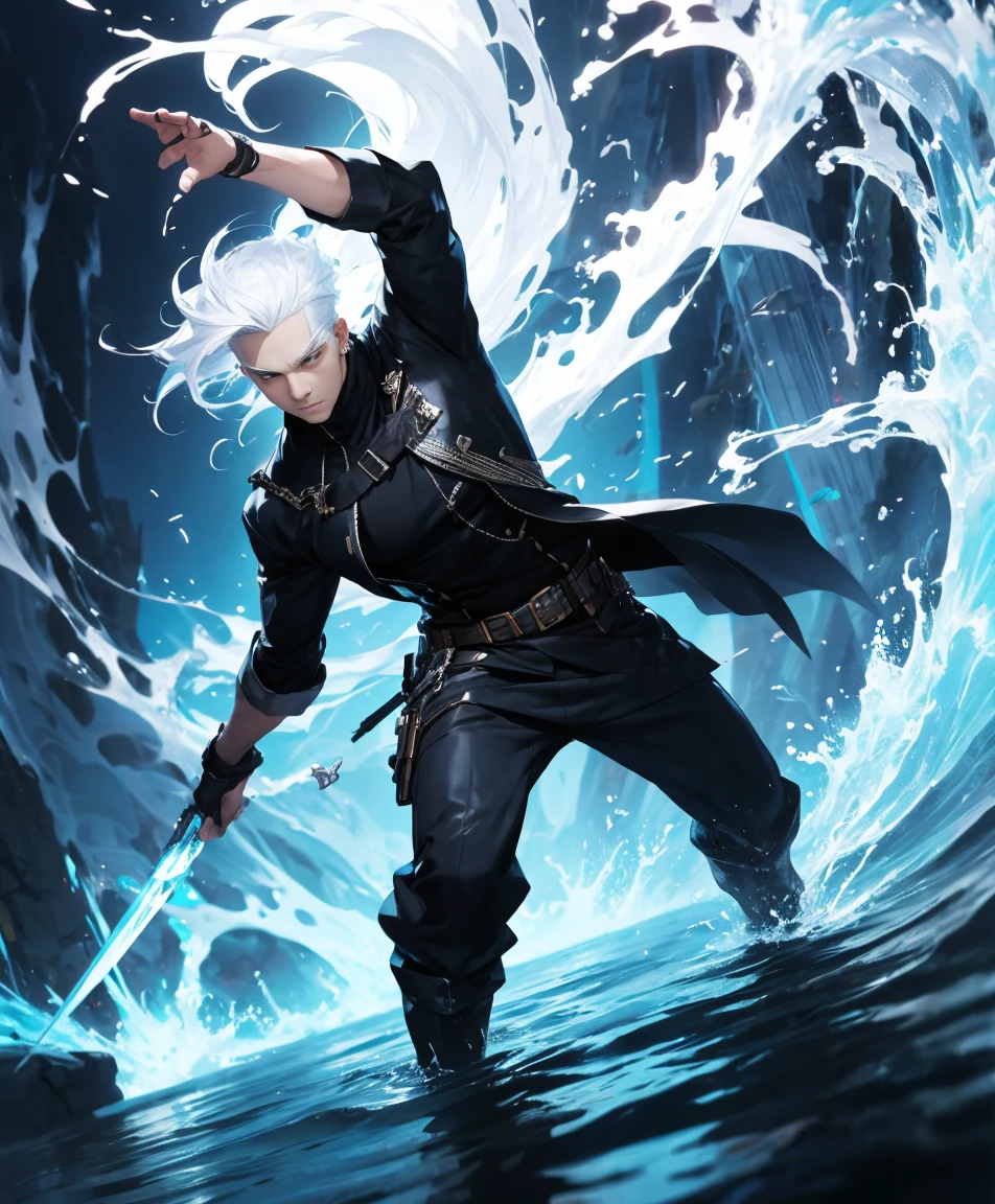 dynamic angle, splash art, high definition, full body, guy with white hair