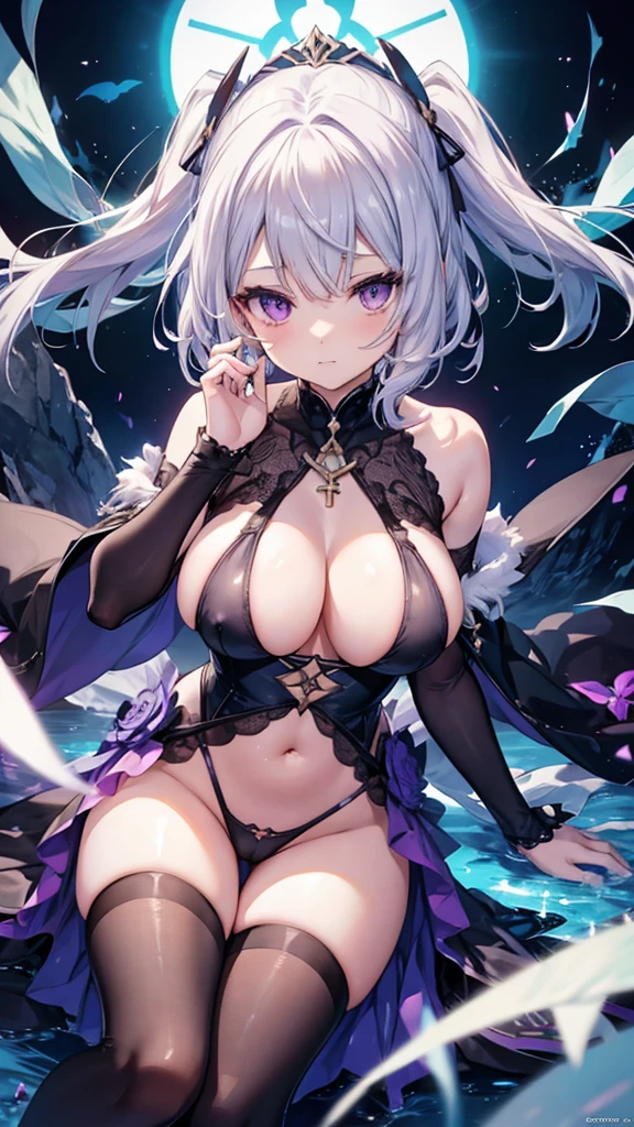 Silver Hair、Bobcut、Completely naked、Purple Eyes、Black winged woman、Big Breasts、Spread your legs、Nipples、vagina, Exposed breasts and thighs、Show off your thighs、Official Anime Artwork, Ayaka Genshin Impact,  Detailed Key Anime Art, 黒 photo, Ayaka Games Genshin Impact, Gap Moe Yandere Grimdark, Fine details. Girls&#39; Frontline