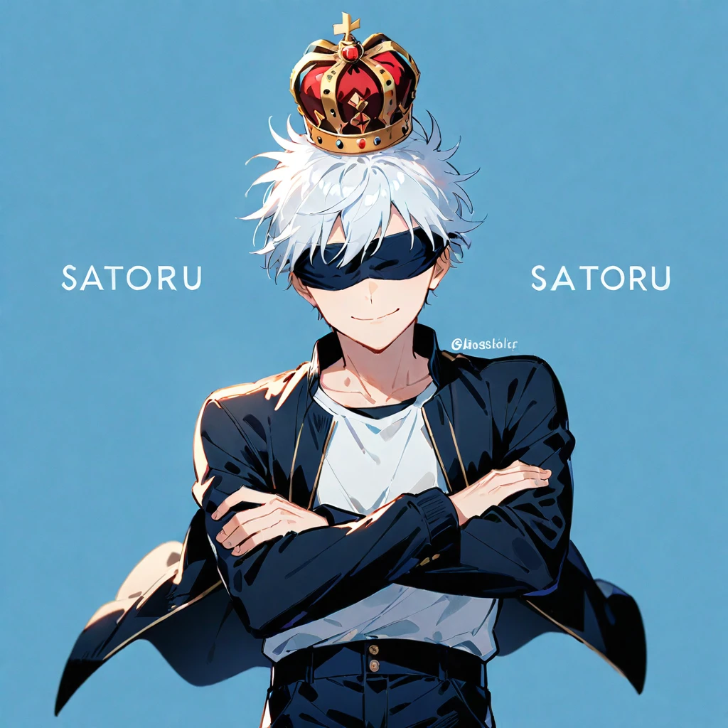 1boy, gojou satoru, male focus, solo, white hair, shirt, white shirt, jacket, blindfold, crown, closed mouth, smile, long sleeves, short hair, pants, facing viewer, crossed arms, black jacket, open clothes, cowboy shot, blue pants, open jacket, upper body, covered eyes, standing, looking at viewer, character name, twitter username, blue background, black pants, ((medium quality)), ((medium quality))