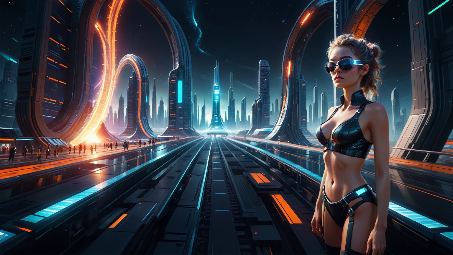 Brightly colored abstract aerial view image of a (((((futuristic railway station))))) with a spiral, a (((futuristic all-glass train))) passing by, epic beautiful space sci-fi, chaotic cinematic space rift, Greg Beeple, planets colliding, Beeple and Tim Hildebrandt, Beeple and Jean Giraud, end of the universe, (((giant glass lion sculpture))), galaxy space sci-fi, ringworld, by Mike "Beeple" Winkelmann. Matrix style, (((Matrix cascading code))), (((a futuristic twin tower skyscraper with a unique twisted design))), (((OLED GUI interfaces in the building))), at night, (((((1girl, solo))))), photo realistic, (((((((large-breast:1.2 slim body, cleavage:1.4))))))), (((((off broken mini sling-shirt and black sling bra, extreamly short pleated miniskirt exposing panty))))), (((((running pose))))), (((((((matrix style black micro sunglasses))))))), ((((((((((aiming with a short gun)))))))))), (((((looking at camera))))), (((very low view))), (((((half-body thigh level medium shot))))), (((cinematic lighting))).