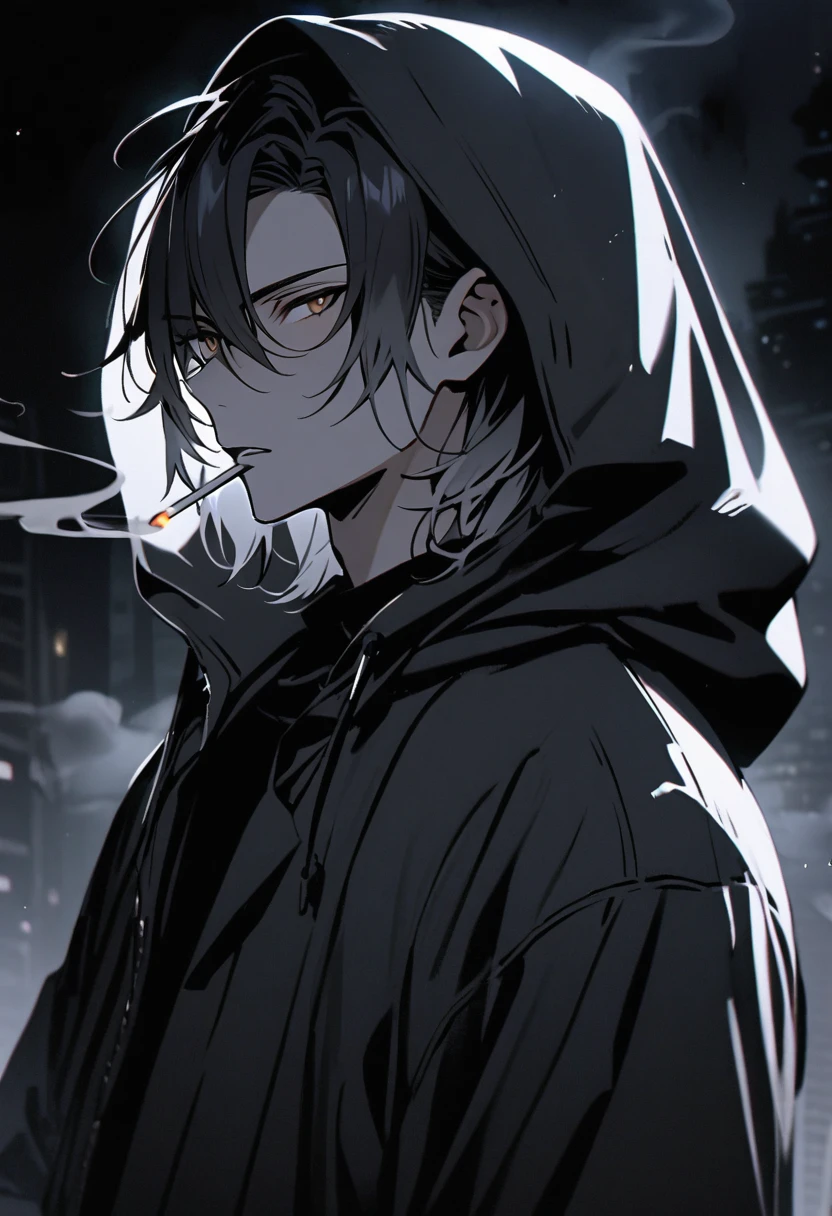 Beautiful, One, 1 man, black hair with smoky gray tips, Brown eyes, black shirt, Black and white with hood, smoking, night, black light