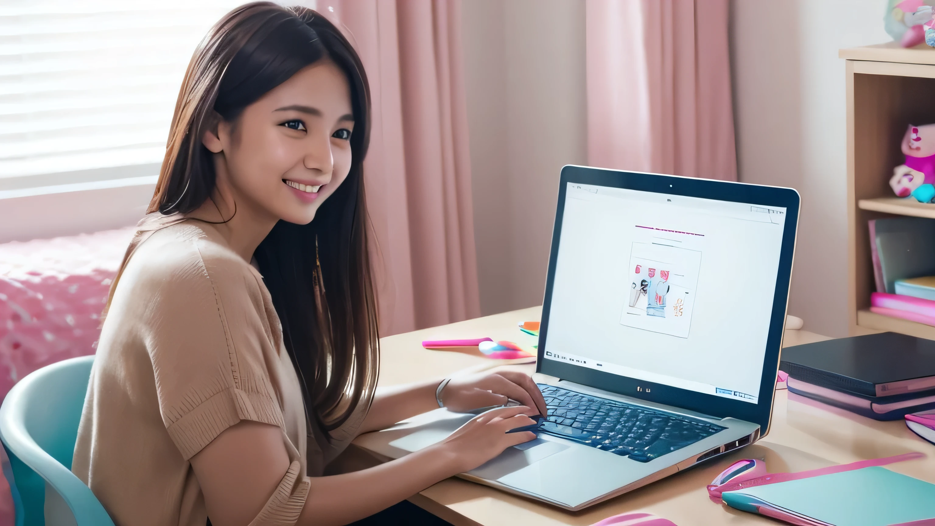 A front view of a woman sitting at a desk in a girly room, looking at a laptop screen and talking happily