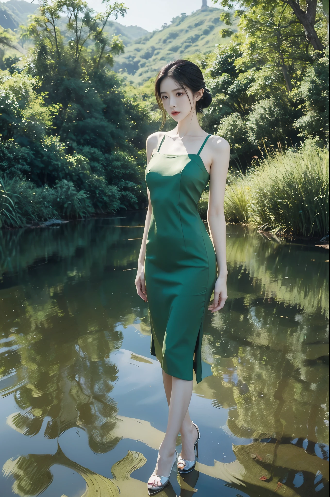(((best quality))),(((ultra detailed))),(((masterpiece))),illustration,1 beautiful girl,slim,flat chest,short red qipao,bare arms,slender legs,pantyhose,green paddy pool,standing,in water,elegant, high heels, clear sky, sunlight, dreamy, contrast, natural,Chinese rural landscape,The upper body above the chest is above the water surface,