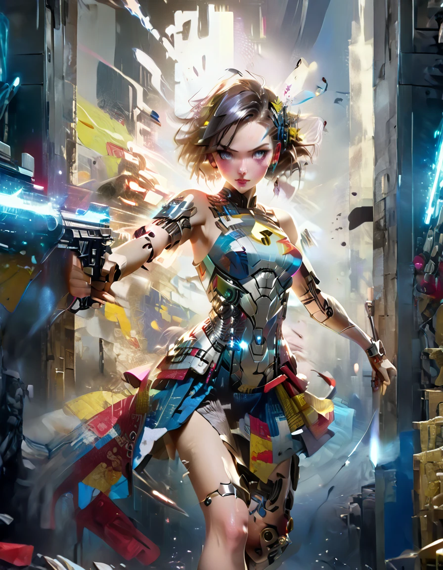 A young and beautiful woman_cyborg、A grinning expression、(China dress:1.4)、(Assault rifle fires at high speed:1.7)、(Motion Blur Effect:1.5)、Chaos inside the casino、Frenzy、is in destruction、(Highest quality、4K、8K、High resolution、masterpiece:1.2)、Super detailed、(Real、Photorealistic、Photorealistic:1.37)、Detailed facial features、Intricate dress patterns、Impressive pose、Dramatic lighting、Cinematic composition、Bright colors、dystopian atmosphere,oil painting,