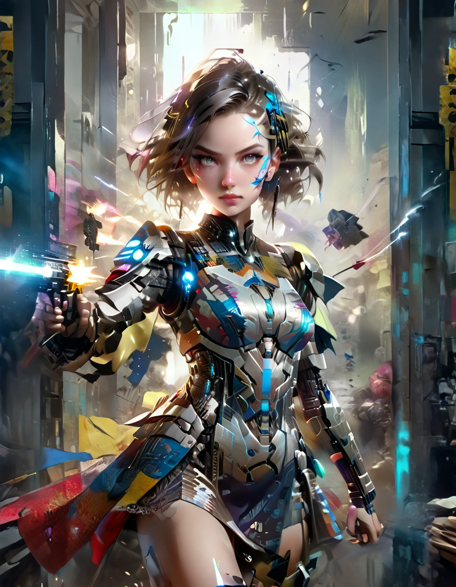 A young and beautiful woman_cyborg、A grinning expression、(China dress:1.4)、(Assault rifle fires at high speed:1.7)、(Motion Blur Effect:1.5)、Chaos inside the 、Frenzy、is in destruction、(Highest quality、4K、8K、High resolution、masterpiece:1.2)、Super detailed、(Real、Photorealistic、Photorealistic:1.37)、Detailed facialres、Intricate dress patterns、Impressive pose、Dramatic lighting、Cinematic composition、Bright colors、dystopian atmosphere,oil painting,